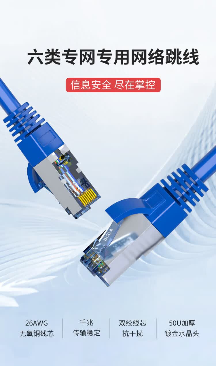 内外网网络跳线 蓝色屏蔽异形RJ45-L/H水晶头连接线 (https://www.scoa-cn.com/) 六类屏蔽信道系统 第1张
